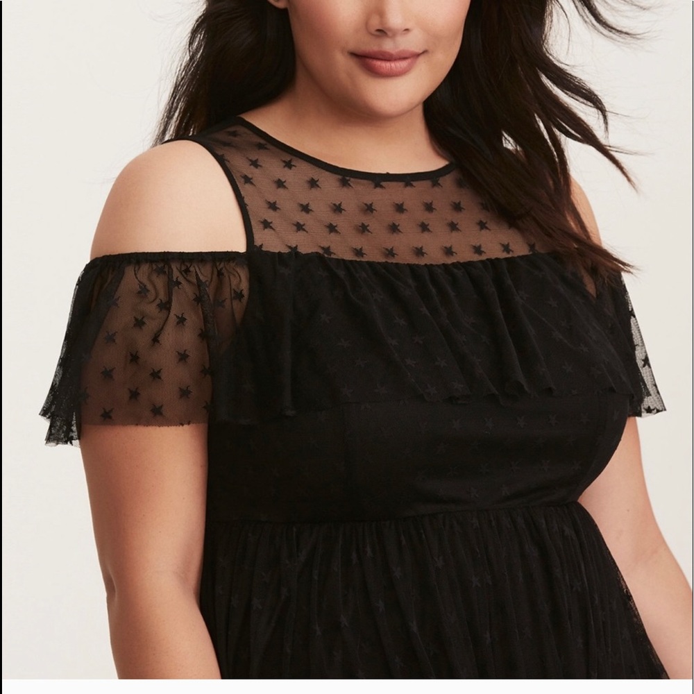 Plus Torrid Sheer Star Ruffled Cold Shoulder Dress - Picture 3 of 4